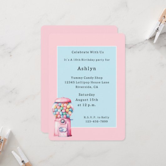 ピンク ブルー 風船ガム 遊び心のある 誕生日 招待状 (正面/裏面インサイチュ)