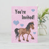 ピンク & ブルー 馬 & ハートのダマスク 誕生日招待状 招待状 (スタンド正面)