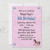 ピンク & ブルー 馬 & ハートのダマスク 誕生日招待状 招待状 (裏面)