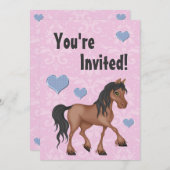ピンク & ブルー 馬 & ハートのダマスク 誕生日招待状 招待状 (正面/裏面)