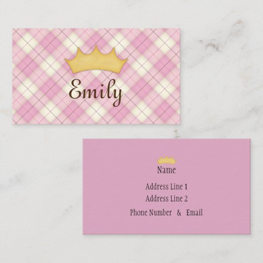 ピンク・プレイド・パーソナライズされたプリンセス・コール・カード 名刺 (正面/裏面)