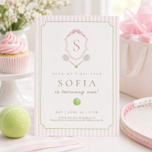ピンク・プレッピー・テニスクレスト 1歳の誕生日招待状