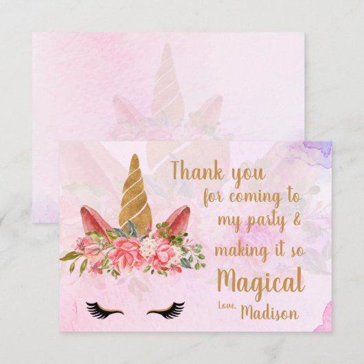 ピンク プレtty ペースト フラワリー ユニコーン バースデー サンキューカード (正面/裏面)