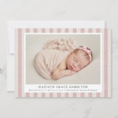 ピンク&ベージュファームハウスリネンストライプズ2フォト誕生 案内状 (正面)