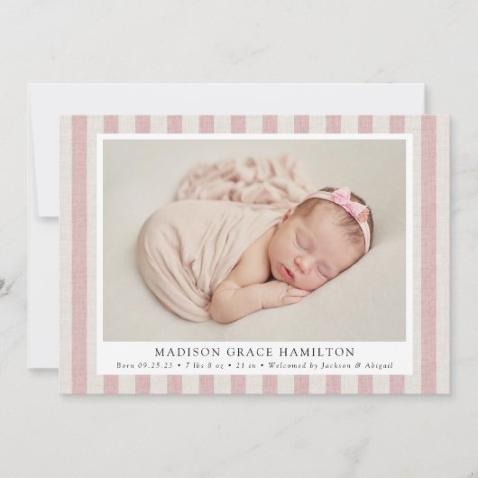 ピンク&ベージュファームハウスリネンストライプズ2フォト誕生 案内状 (正面)
