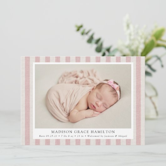 ピンク&ベージュファームハウスリネンストライプズ2フォト誕生 案内状 (スタンド正面)