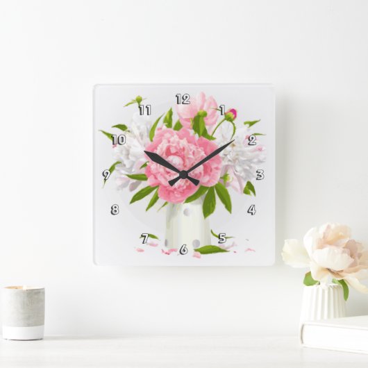 ピンク・ペニーズ・素晴らしフローラ スクエア壁時計 (ホーム)