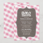 ピンク＆ホワイトのギンガムキャンバス ベビーシャワー 招待状 (正面/裏面)