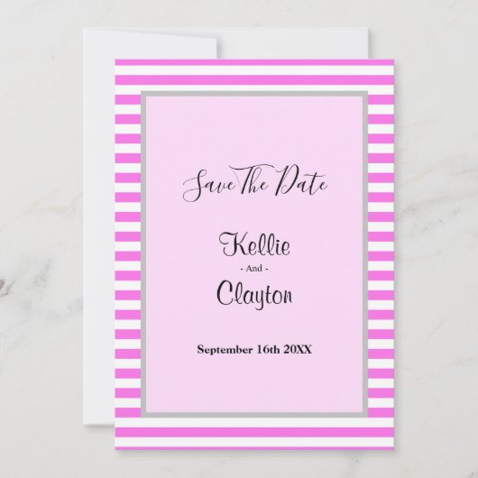 ピンク/ホワイトのストライプフレーム ウェディング セーブザデート (正面)