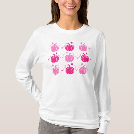 ピンク&ホワイトの秋の華文様パンプキン Tシャツ (正面)