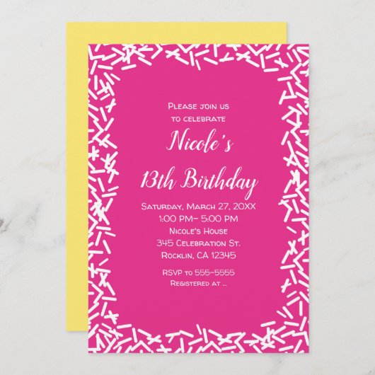 ピンク&ホワイトはかわいい誕生日パーティー 招待状 (正面/裏面)