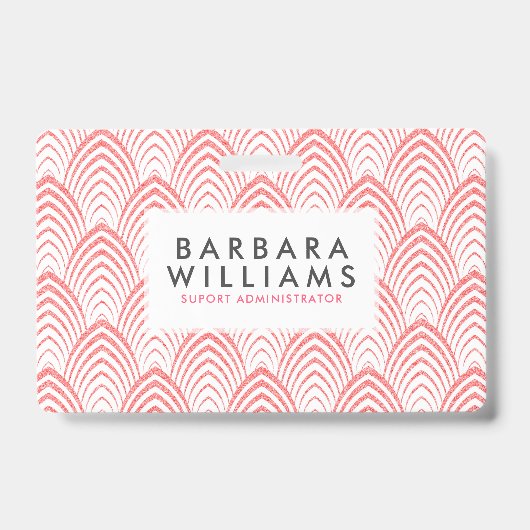 ピンク&ホワイトアートデコ幾何学模様 バッジ (正面)