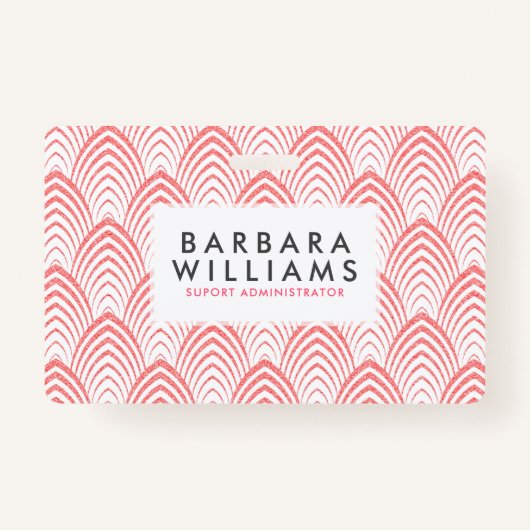 ピンク&ホワイトアートデコ幾何学模様 バッジ (正面)