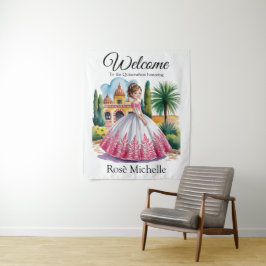 ピンク&ホワイトガウンにキンセアニラガールウェルカムサイン タペストリー
