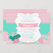 ピンク&ホワイトガールズカップケーキブラックボード1st誕生日 招待状 (正面/裏面)