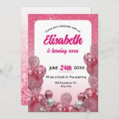 ピンク&ホワイトグリッターガール誕生日招待状 招待状 (正面/裏面)