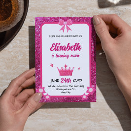 ピンク&ホワイトグリッターガール誕生日招待状 招待状