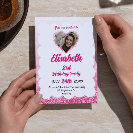 ピンク&ホワイトグリッター15誕生日写真 招待状