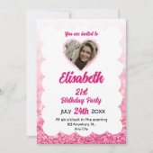 ピンク&ホワイトグリッター15誕生日写真 招待状 (正面)