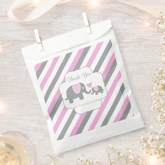 ピンク、ホワイトグレーストライプゾウありがとう フェイバーバッグ (クリップ留めされた状態)