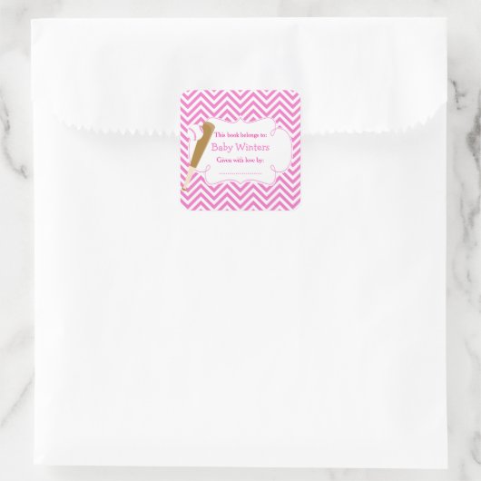 ピンク/ホワイトシェブロン野球赤ちゃんシャワー蔵書票 スクエアシール (バッグ)