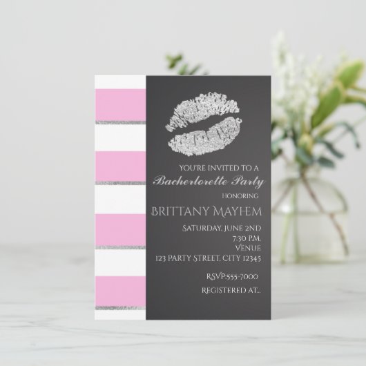 ピンク&ホワイトストライプズフェイクシルバーリップキスパーティー 招待状 (スタンド正面)