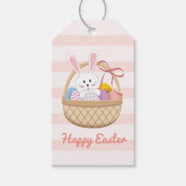 ピンク&ホワイトストライプハッピーイースターバニー入りバスケット ギフトタグ