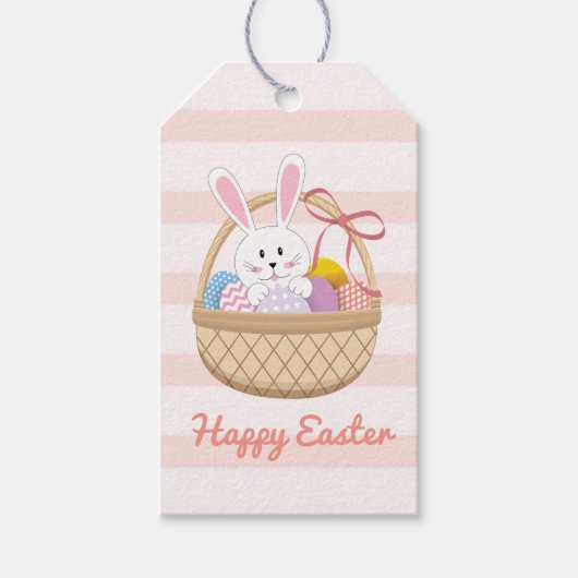ピンク&ホワイトストライプハッピーイースターバニー入りバスケット ギフトタグ (正面)