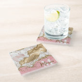 ピンク&ホワイトストーンと金ゴールドグリッターアゲートモノグラム ガラスコースター (アングル)