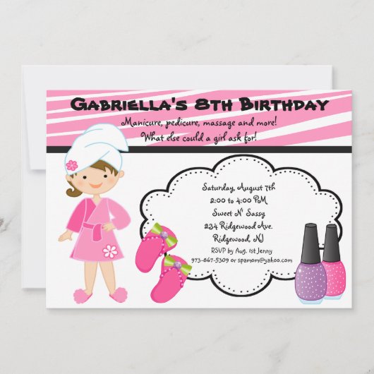 ピンク&ホワイトゼブラガールズスパ招待状 招待状 (正面)