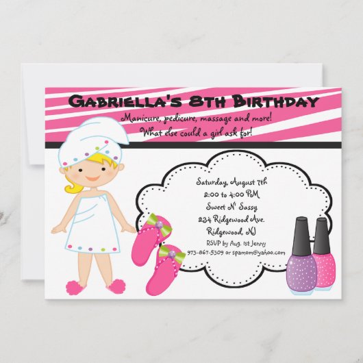 ピンク&ホワイトゼブラガールズスパ招待状 招待状 (正面)