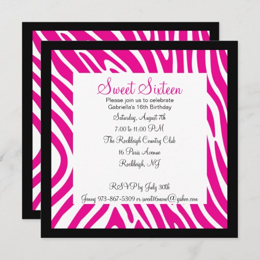 ピンク&ホワイトゼブラガールズ第16誕生日招待状 招待状 (正面/裏面)