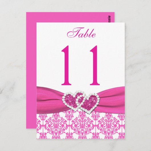 ピンク、ホワイトダマスク結合ハートテーブル番号 ポストカード (正面/裏面)