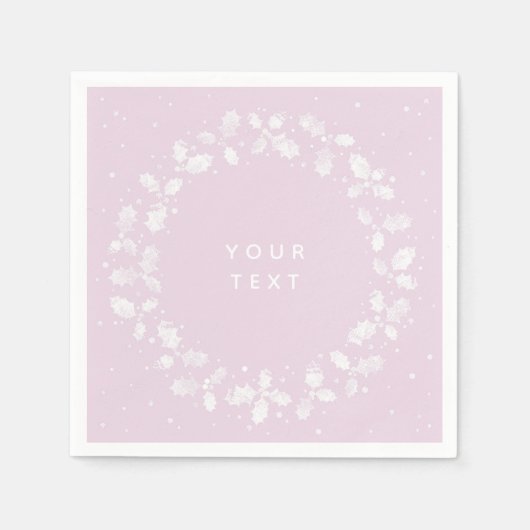 ピンク+ホワイトハンドプリントホリーリースクリスマス スタンダードカクテルナプキン (正面)