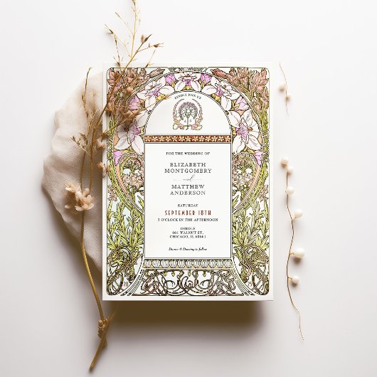 ピンク&ホワイトフローラエレガンス結婚アールヌーボー 招待状