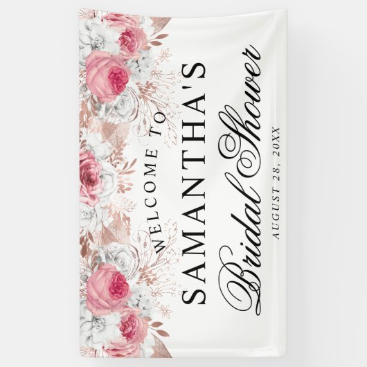 ピンク&ホワイトフローラエレガントブライダルシャワーバナー 横断幕 (縦)