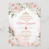 ピンク&ホワイトフローラキンセアニラ金ゴールドクラウンメキシコ 招待状 (正面/裏面)