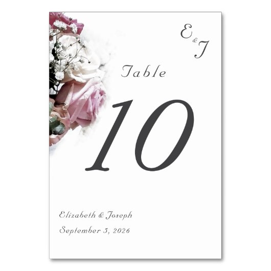 ピンク&ホワイトフローラ結婚のテーブルカード テーブルナンバー (正面)