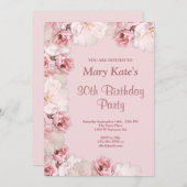 ピンク/ホワイトフローラ誕生日パーティーへの招待 招待状 (正面/裏面)