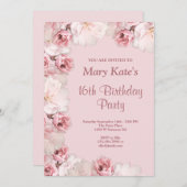 ピンク/ホワイトフローラ16th Birthday Partyへの招待 招待状 (正面/裏面)