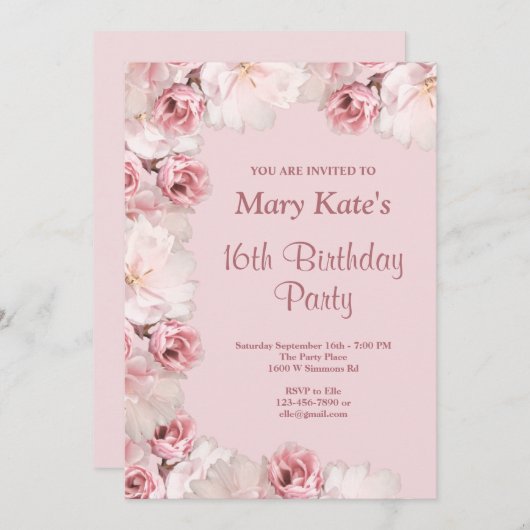 ピンク/ホワイトフローラ16th Birthday Partyへの招待 招待状 (正面/裏面)