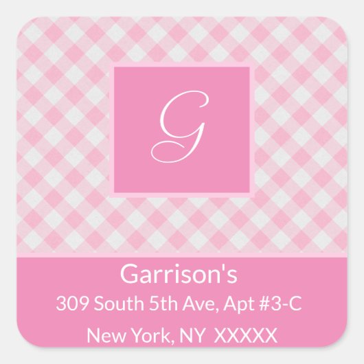 ピンク&ホワイトプレイド差出人住所- スクエアシール (正面)