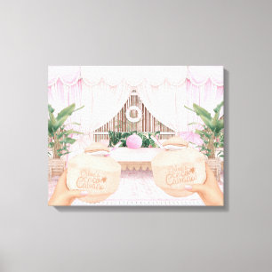 ピンク&ホワイトホテストライプのルプールカバナ  ココナッツ キャンバスプリント