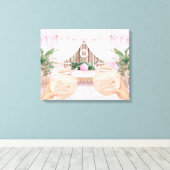 ピンク&ホワイトホテストライプのルプールカバナ |ココナッツ キャンバスプリント (インサイチュ (ウッドフロア))