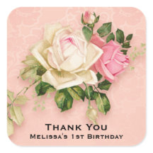 ピンク&ホワイトローズブーケ誕生日スクエアステッカー