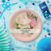 ピンク&ホワイトローズブーケ誕生日 ペーパープレート (パーティー)