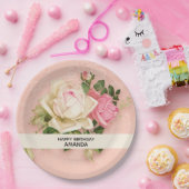 ピンク&ホワイトローズブーケ誕生日 ペーパープレート (パーティー)