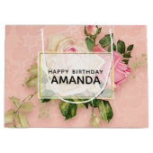 ピンク&ホワイトローズブーケ誕生日 ラージペーパーバッグ (正面)