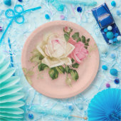 ピンク&ホワイトローズブーケ ペーパープレート (パーティー)