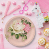 ピンク&ホワイトローズブーケ ペーパープレート (パーティー)